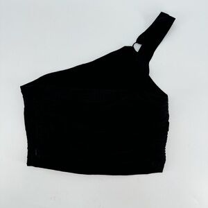Zara Asymmetrical Black Ruched One Sleeve Zip Up Crop Top